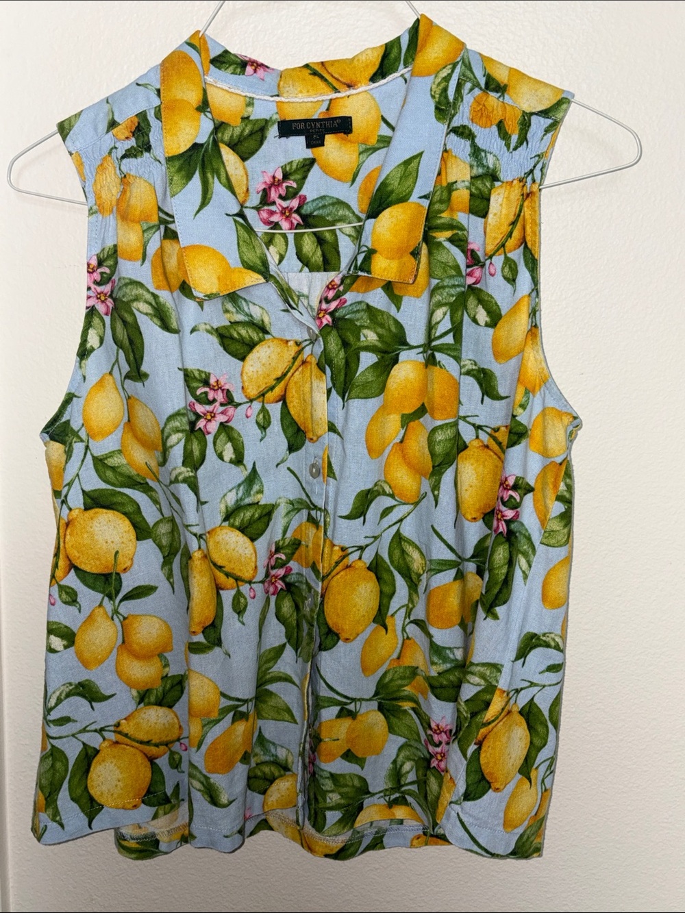 For Cynthia Linen Blend Sleeveless Blue Lemon-Print Button Front Top